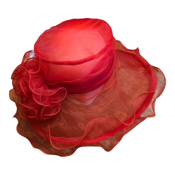 🏷️ NWT  🏷️  LAWLIET Red Organza Wide Brimmed Church Hat  🏷️ NWT  🏷️ - Picture 4 of 6